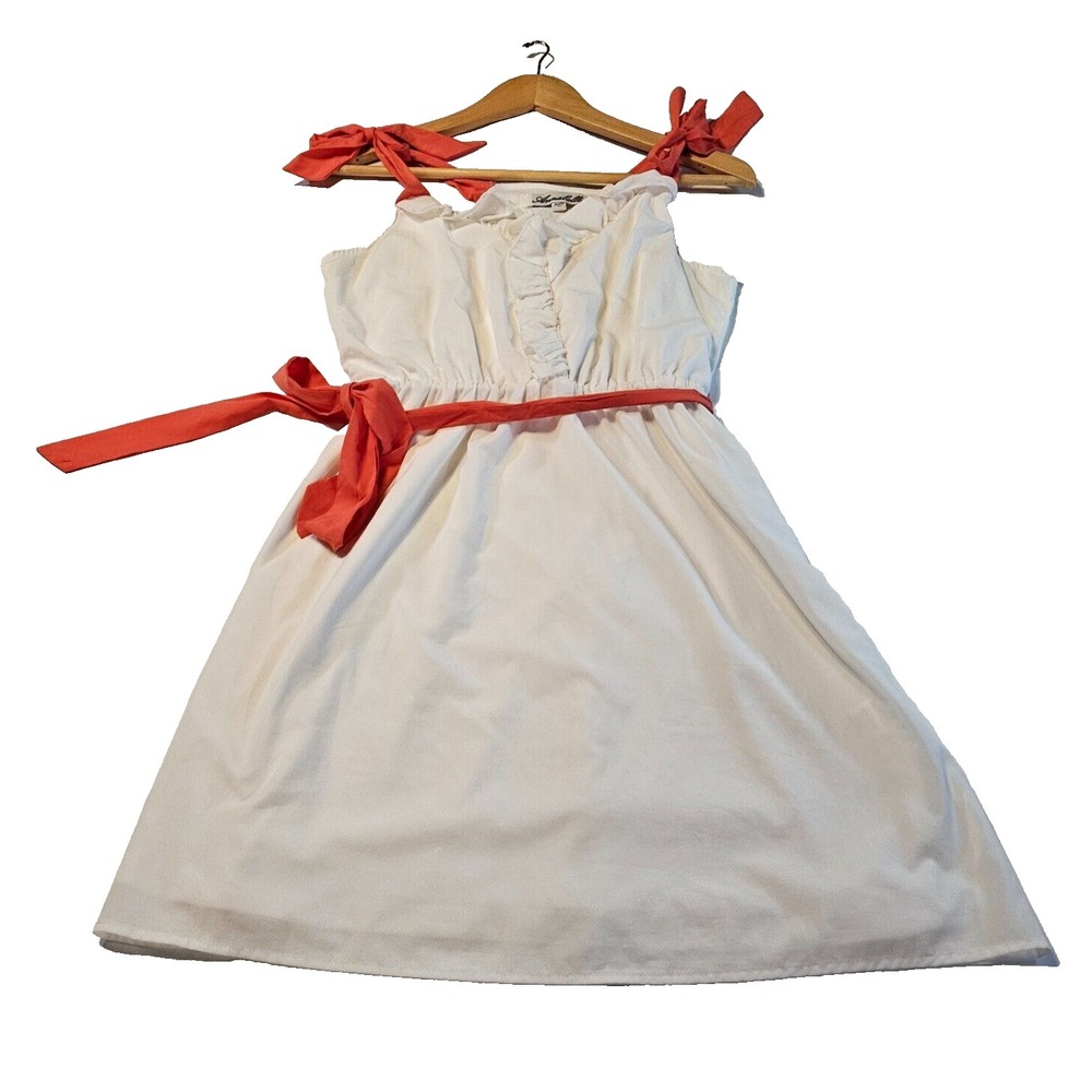 Womens White Ruffel Dress W/ Coral Shoulder Ties,Cottagecore, Party,Babydoll,